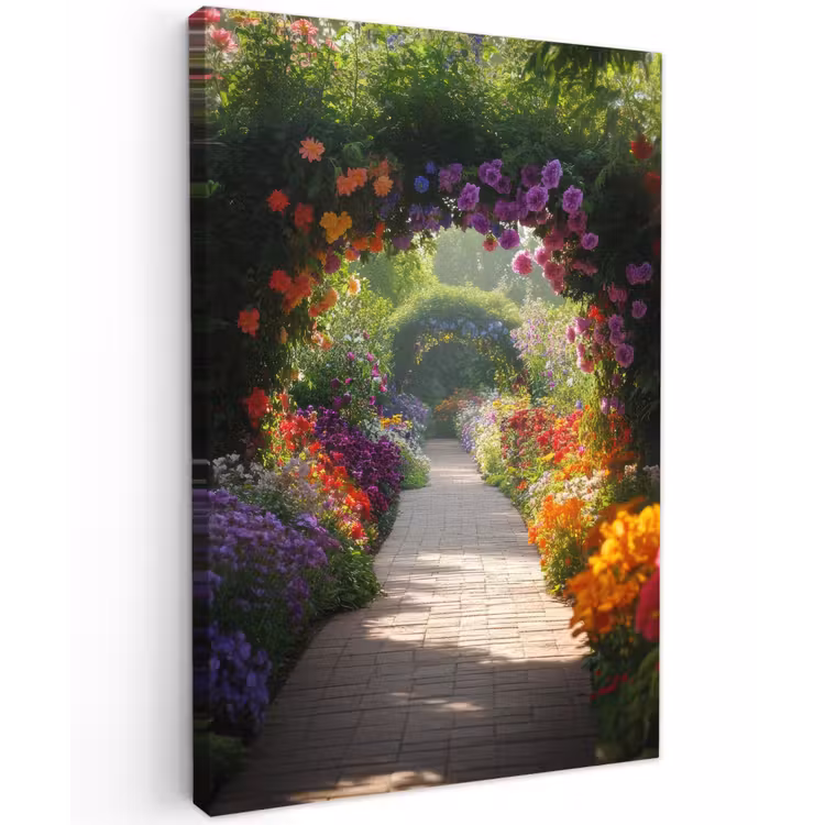 Doorkijk - Pad - Bloemen - Struik - Kleurrijk Tuinposter op houten frame 2 cm dik klein -3d