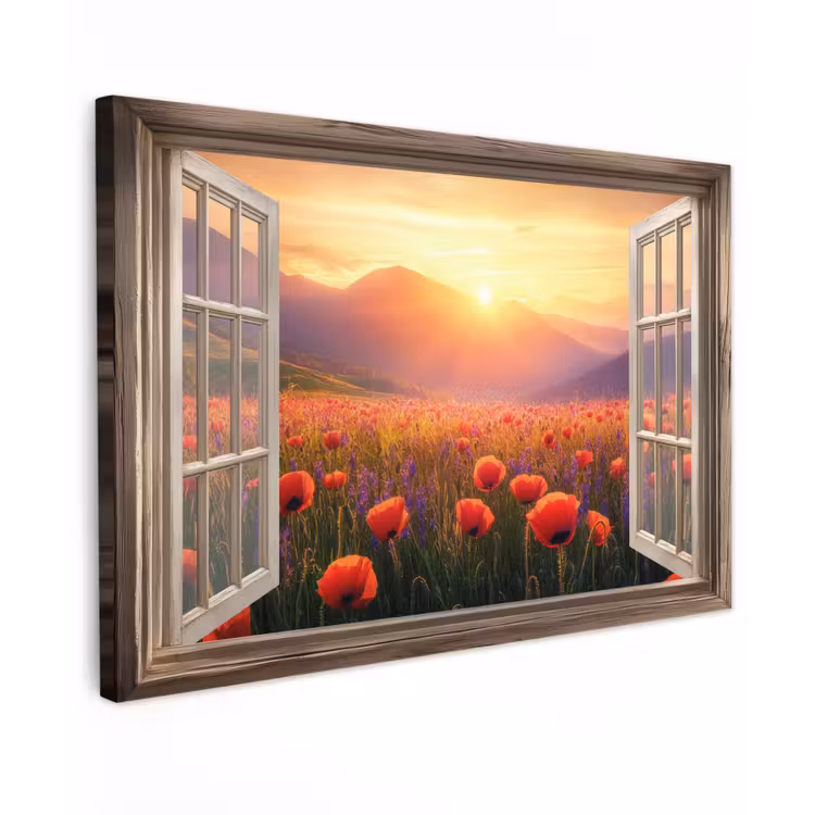 Doorkijk - Klaprozen - Bloemen - Rood - Open raam Tuinposter op houten frame 2 cm dik klein -3d