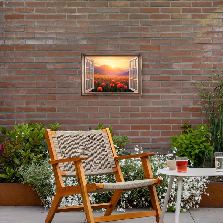 Doorkijk - Klaprozen - Bloemen - Rood - Open raam Tuinposter op houten frame 2 cm dik klein -sfeer3