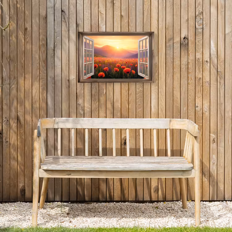 Doorkijk - Klaprozen - Bloemen - Rood - Open raam Tuinposter op houten frame 2 cm dik klein -sfeer4