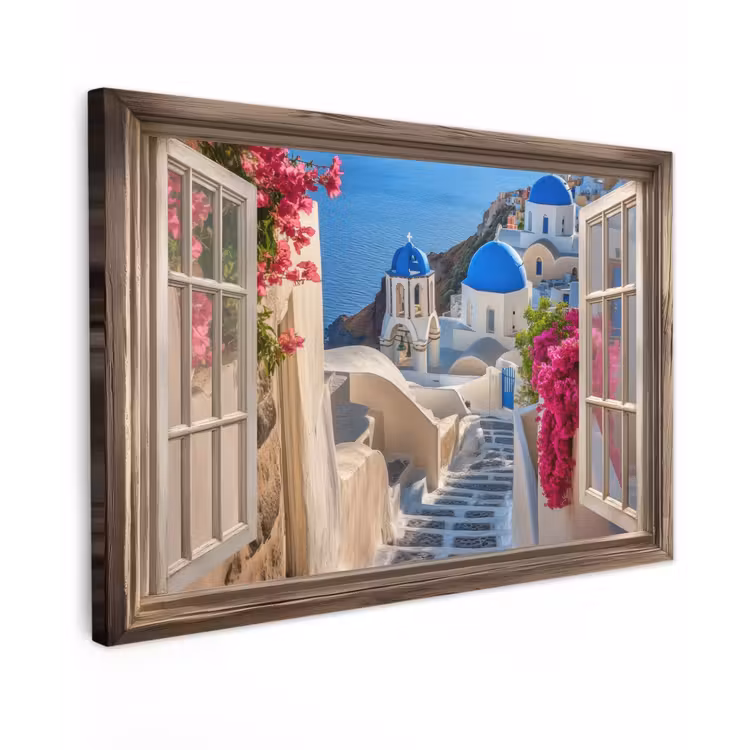 Doorkijk - Santorini - Landschap - Blauw - Grieks Tuinposter op houten frame 2 cm dik klein -3d