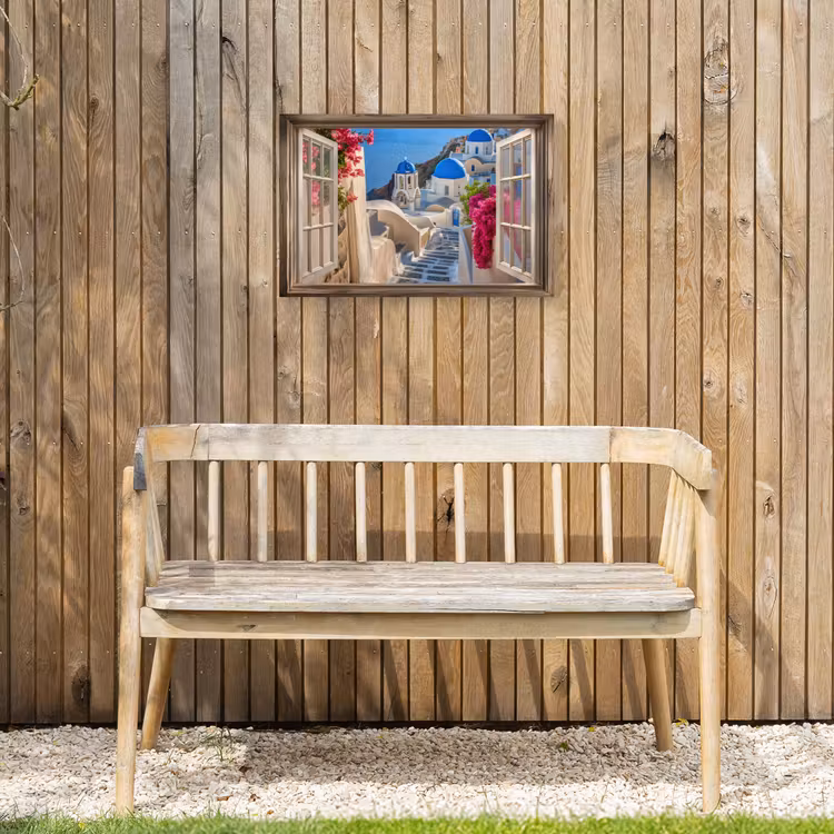 Doorkijk - Santorini - Landschap - Blauw - Grieks Tuinposter op houten frame 2 cm dik klein -sfeer4
