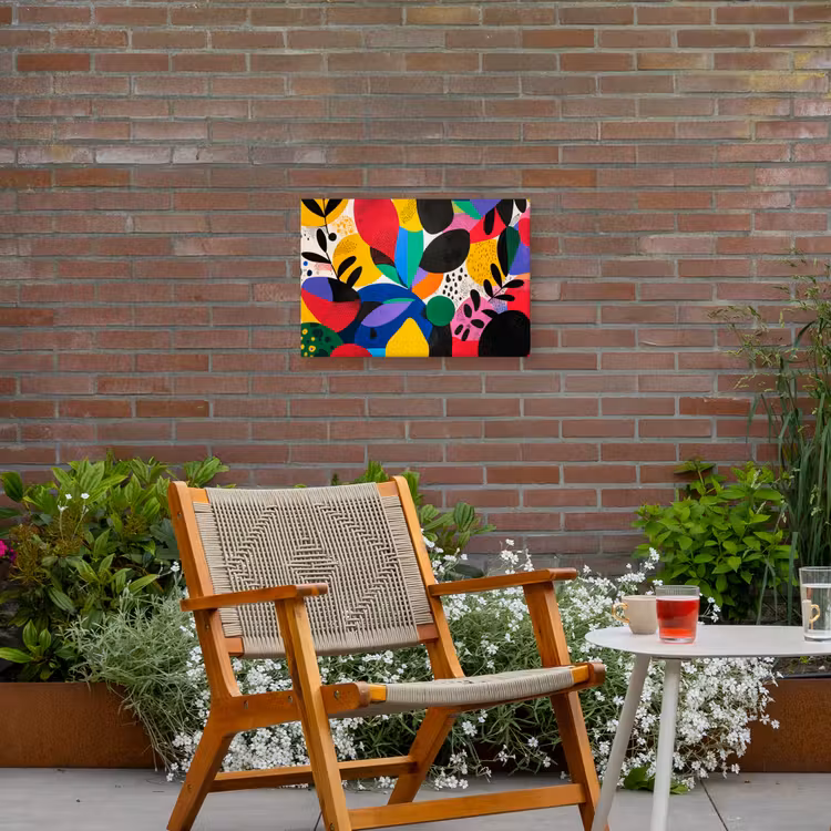 Vormen - Stippen - Kleurrijk Tuinposter op houten frame 2 cm dik klein -sfeer3