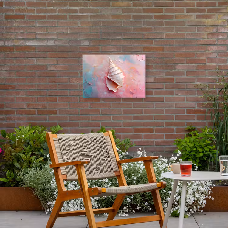 Schelp - Pastel - Pink Tuinposter op houten frame 2 cm dik klein -sfeer3