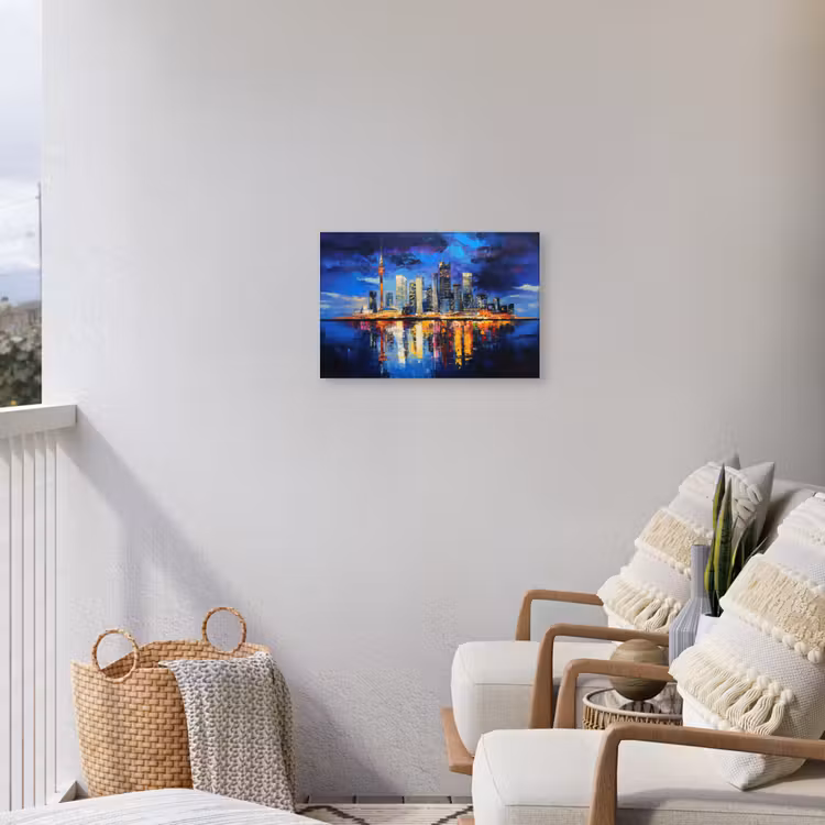 Skyline Toronto - Modern - Stadslicht - Blauw Tuinposter op houten frame 2 cm dik klein -sfeer1
