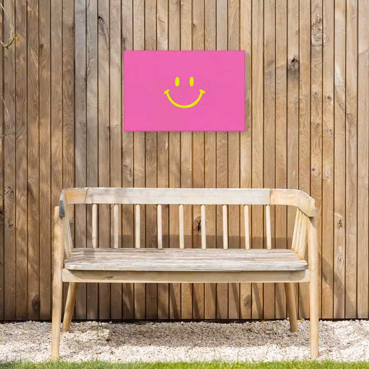 Smiley - Vrolijk - Roze Tuinposter op houten frame 2 cm dik klein -sfeer4