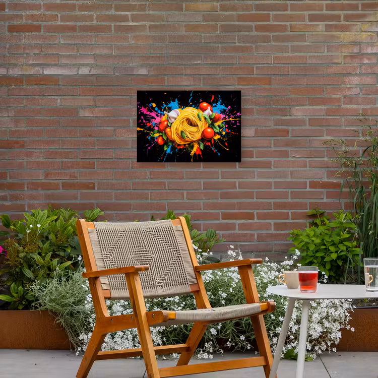 Spaghetti - Graffiti - Verf - Kleurrijk - Eten - Modern Tuinposter op houten frame 2 cm dik klein -sfeer3