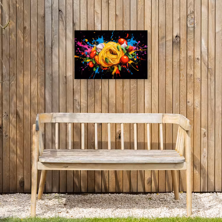Spaghetti - Graffiti - Verf - Kleurrijk - Eten - Modern Tuinposter op houten frame 2 cm dik klein -sfeer4
