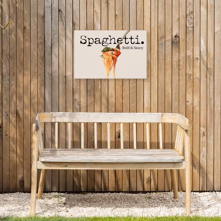 Spaghetti - tomatensaus - Parmezaanse kaas Tuinposter op houten frame 2 cm dik klein -sfeer4