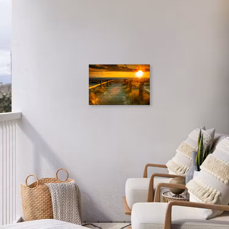Zon - Strand - Duin - Horizon - Gras - Pad - Oranje Tuinposter op houten frame 2 cm dik klein -sfeer1