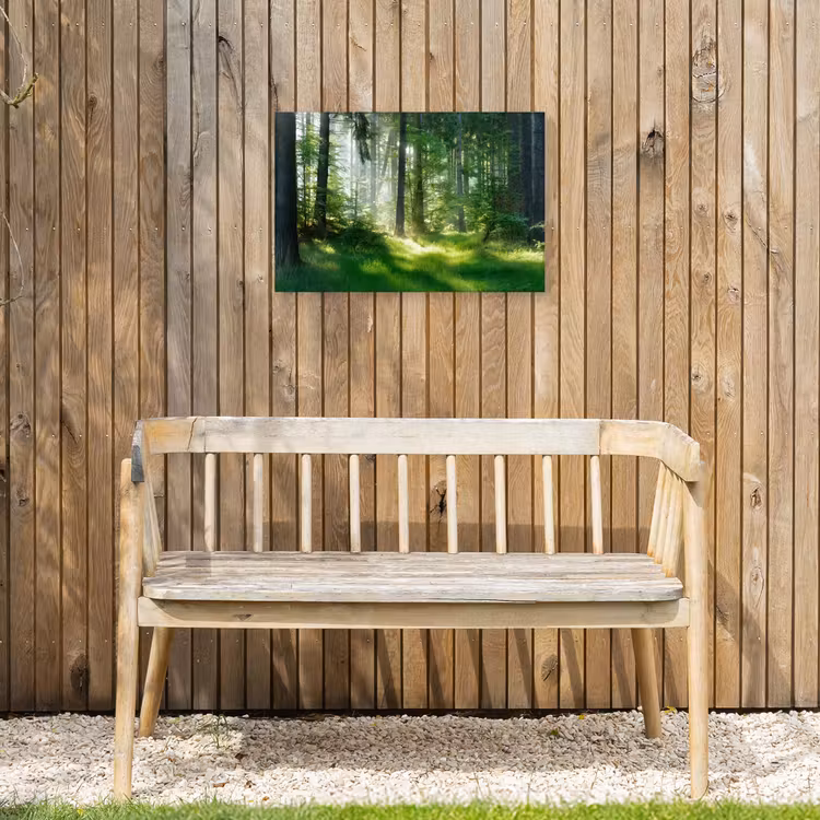 Zonnestralen in een groen bos Tuinposter op houten frame 2 cm dik klein -sfeer4