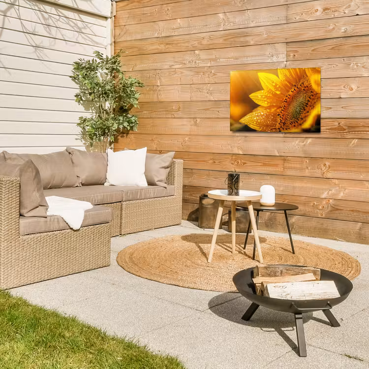 Zonnebloem - Dauwdruppels - Geel - Zonlicht Tuinposter op houten frame 2 cm dik klein -sfeer2