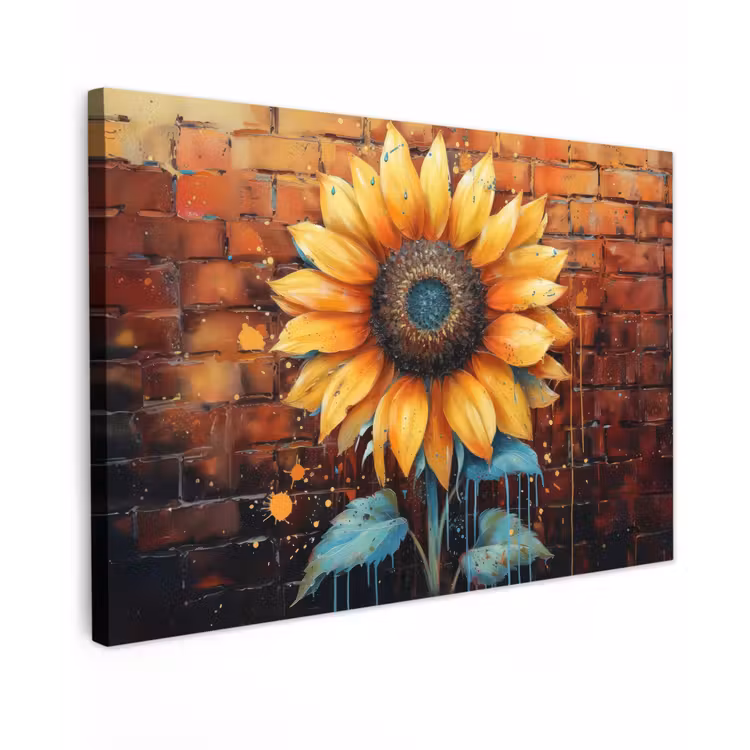 Zonnebloem op Bakstenen Muur Tuinposter op houten frame 2 cm dik klein -3d