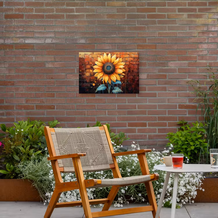 Zonnebloem op Bakstenen Muur Tuinposter op houten frame 2 cm dik klein -sfeer3