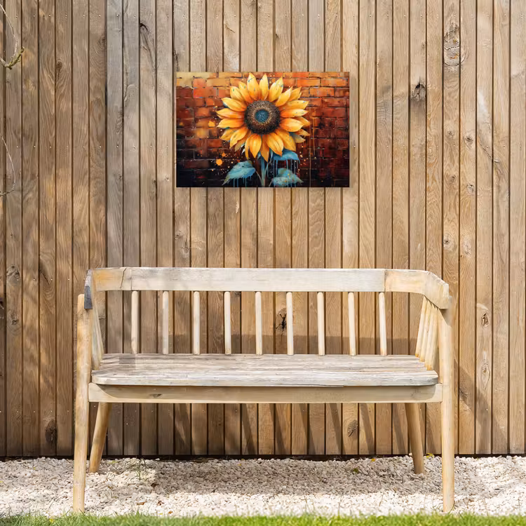 Zonnebloem op Bakstenen Muur Tuinposter op houten frame 2 cm dik klein -sfeer4