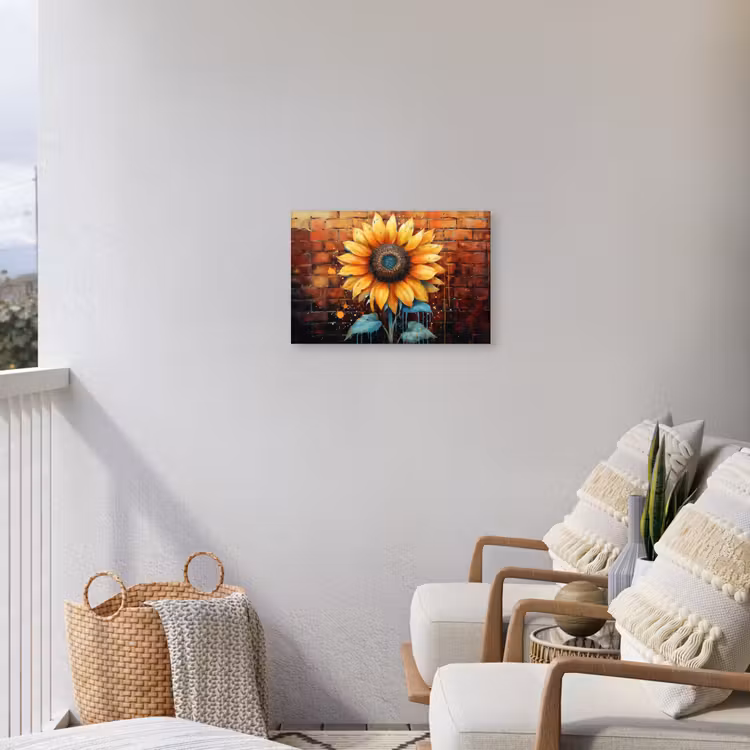 Zonnebloem op Bakstenen Muur Tuinposter op houten frame 2 cm dik klein -sfeer1