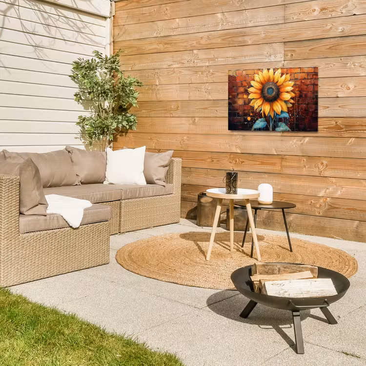 Zonnebloem op Bakstenen Muur Tuinposter op houten frame 2 cm dik klein -sfeer2