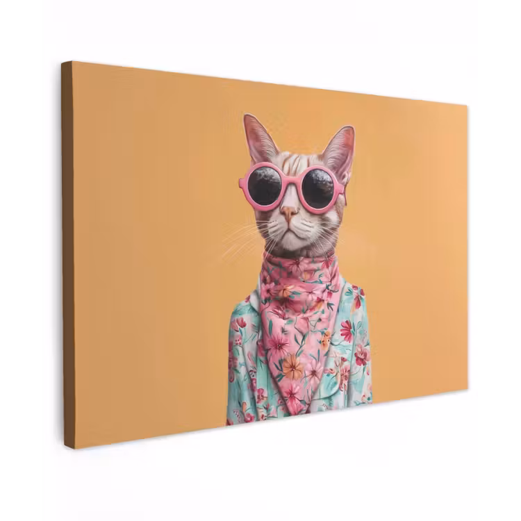 Zonnebril - Kat - Sjaal - Bloemen Tuinposter op houten frame 2 cm dik klein -3d