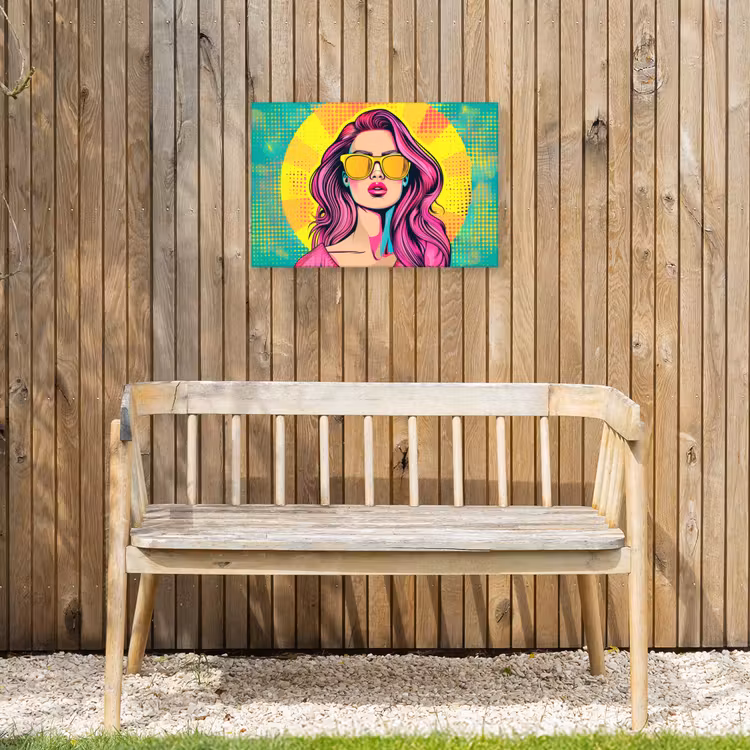 Zonnebril - Vrouw - Zonnig - Geel Tuinposter op houten frame 2 cm dik klein -sfeer4