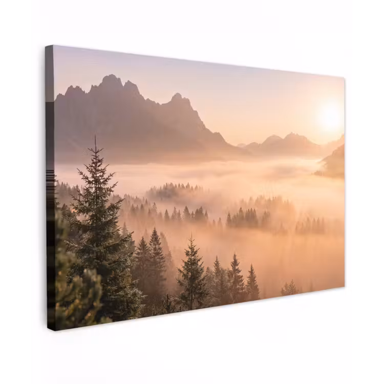 Zonlicht - Mist - Bergen - Bomen Tuinposter op houten frame 2 cm dik klein -3d