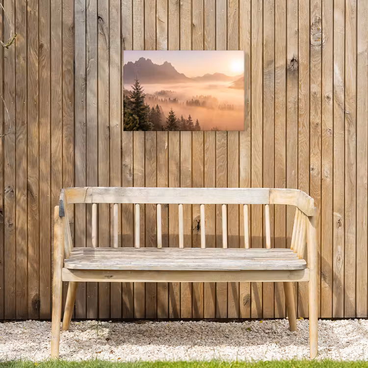 Zonlicht - Mist - Bergen - Bomen Tuinposter op houten frame 2 cm dik klein -sfeer4