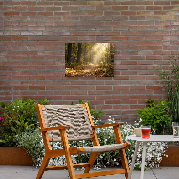 Zonlicht - Bospad - Bomen Tuinposter op houten frame 2 cm dik klein -sfeer3
