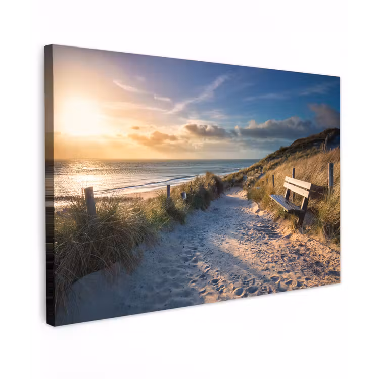 Zonsondergang - Strand - Duin - Gras - Bank Tuinposter op houten frame 2 cm dik klein -3d