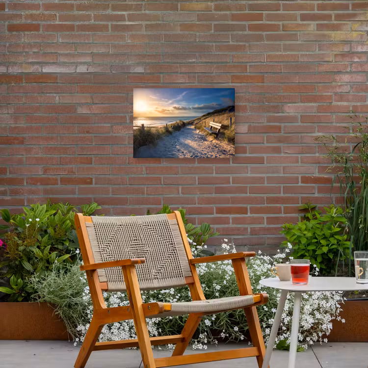 Zonsondergang - Strand - Duin - Gras - Bank Tuinposter op houten frame 2 cm dik klein -sfeer3