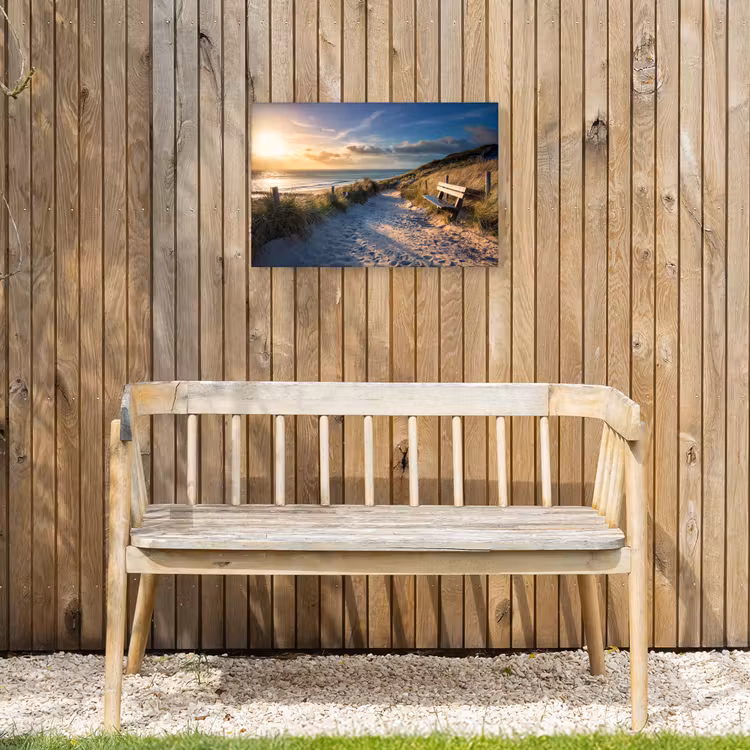 Zonsondergang - Strand - Duin - Gras - Bank Tuinposter op houten frame 2 cm dik klein -sfeer4