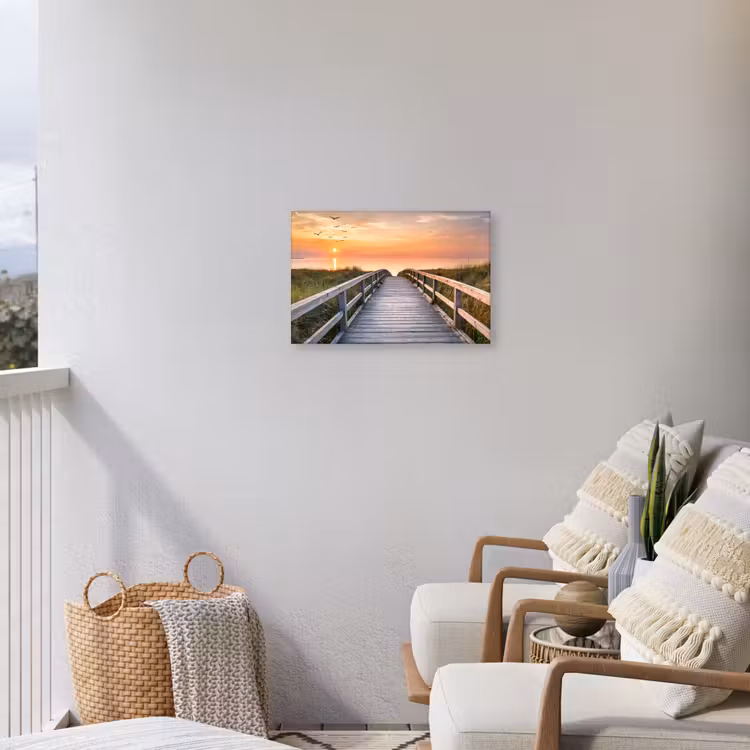 Zonsonderang - Zee - Pad - Gras - Duin - Vogels Tuinposter op houten frame 2 cm dik klein -sfeer1