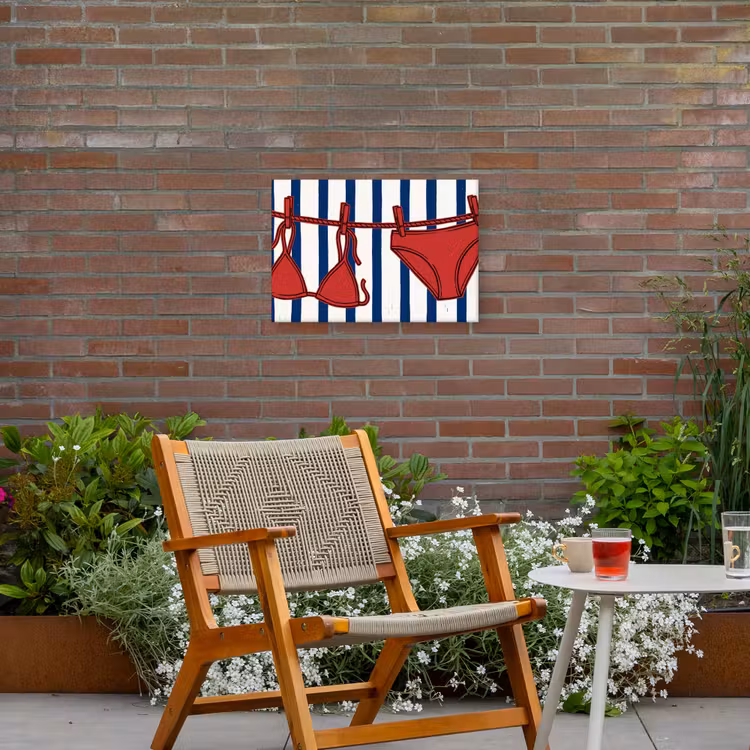 Badkleding - Waslijn - Zomer - Illustratie - Rood Tuinposter op houten frame 2 cm dik klein -sfeer3