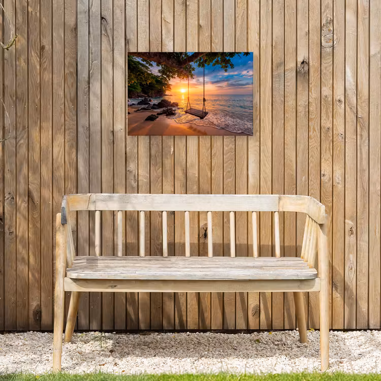 Schommel - Strand - Zonsondergang - Natuur - Oranje Tuinposter op houten frame 2 cm dik klein -sfeer4