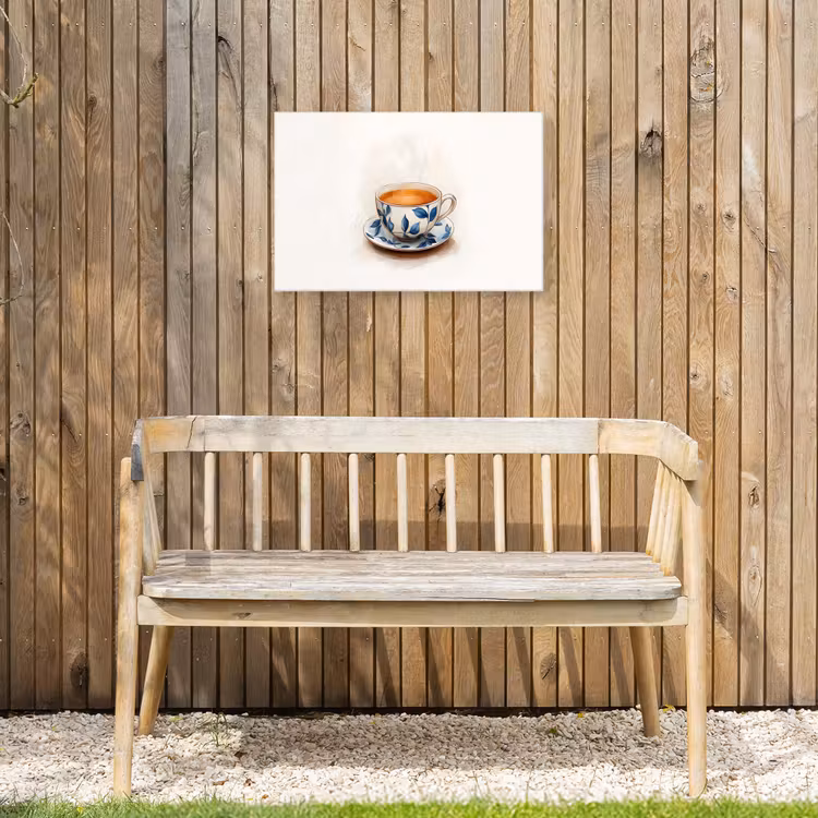Theekop - Bladeren - Blauw Tuinposter op houten frame 2 cm dik klein -sfeer4
