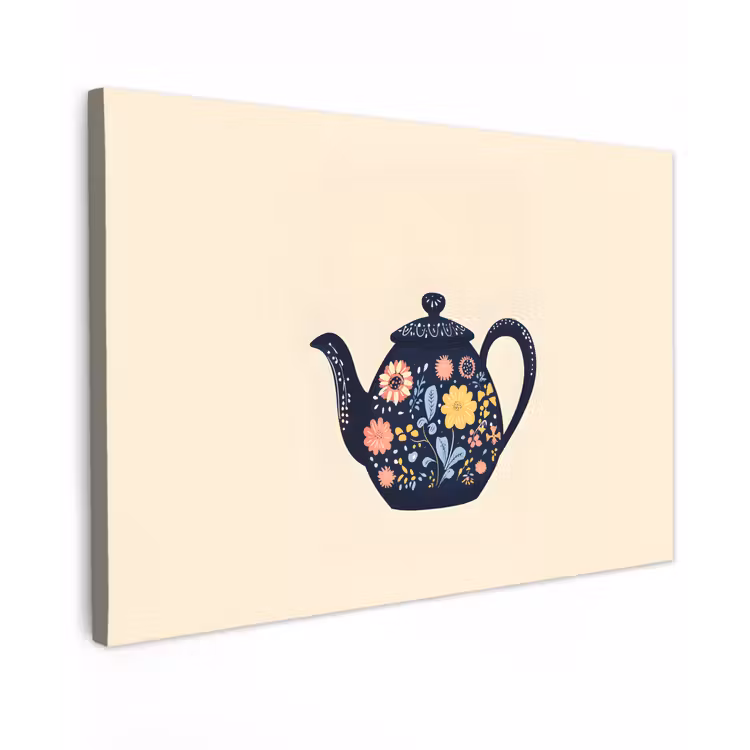 Theepot - Kleurrijk - Bloemen Tuinposter op houten frame 2 cm dik klein -3d