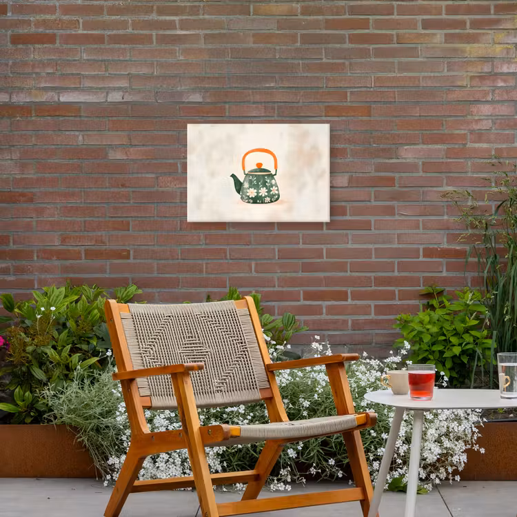 Theepot - Groen - Bloemen - Oranje Tuinposter op houten frame 2 cm dik klein -sfeer3