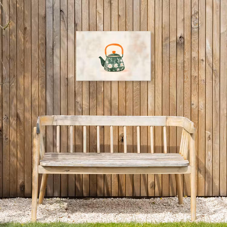 Theepot - Groen - Bloemen - Oranje Tuinposter op houten frame 2 cm dik klein -sfeer4