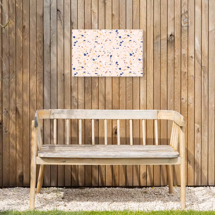 Terrazzo - Patroon - Kleurrijk - Indigo Tuinposter op houten frame 2 cm dik klein 845 -sfeer4