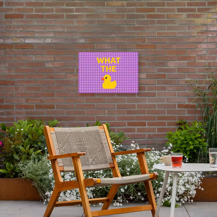 Tekst - Eend - Paars Tuinposter op houten frame 2 cm dik klein -sfeer3