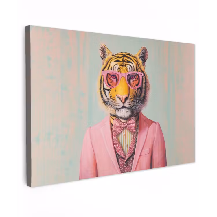 Tijger - Strik - Jasje - Roze Tuinposter op houten frame 2 cm dik klein -3d
