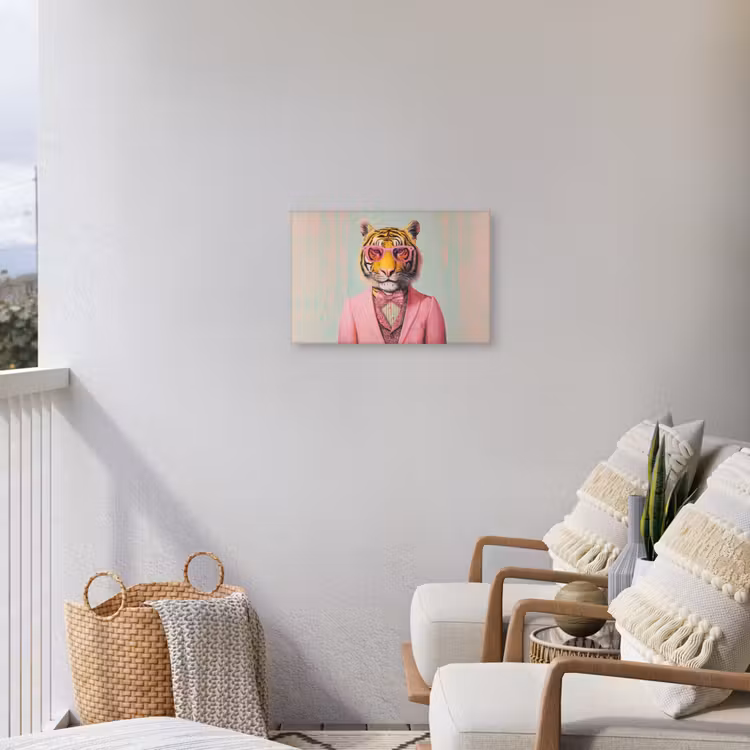 Tijger - Strik - Jasje - Roze Tuinposter op houten frame 2 cm dik klein -sfeer1