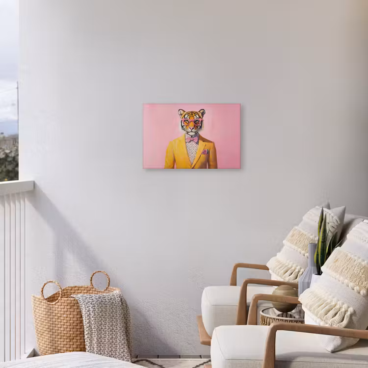 Tijger - Bril - Geel - Jasje Tuinposter op houten frame 2 cm dik klein -sfeer1