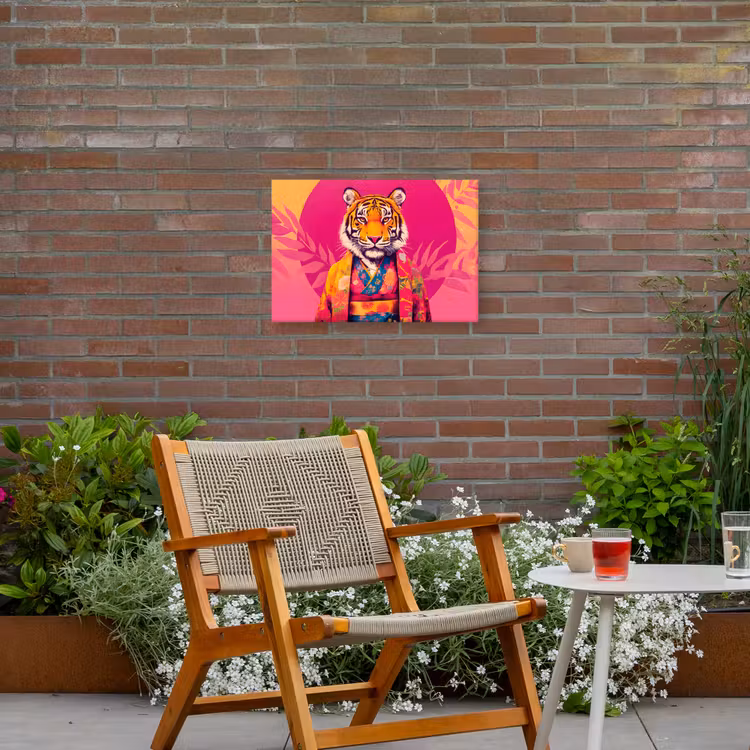 Tijger - Kimono - Planten - Roze Tuinposter op houten frame 2 cm dik klein -sfeer3