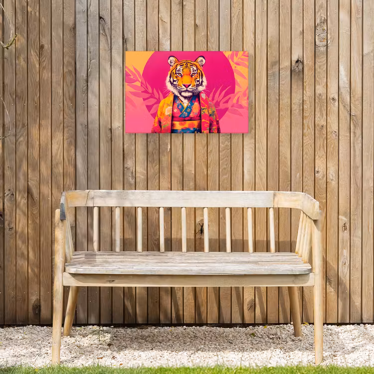 Tijger - Kimono - Planten - Roze Tuinposter op houten frame 2 cm dik klein -sfeer4