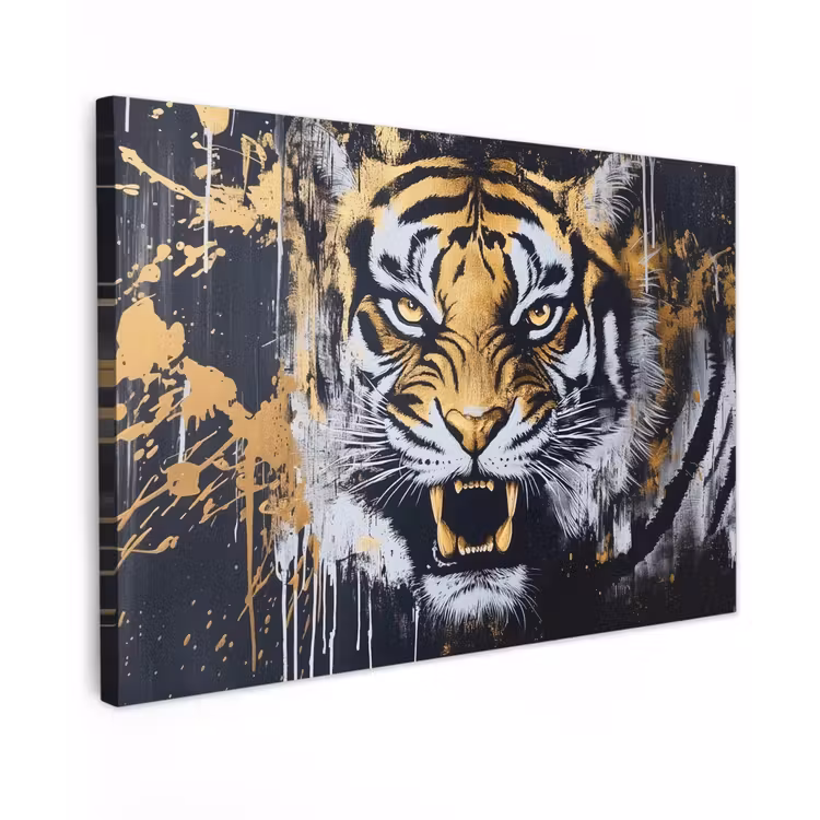 Tijger - Verfspatten - Goud Tuinposter op houten frame 2 cm dik klein -3d