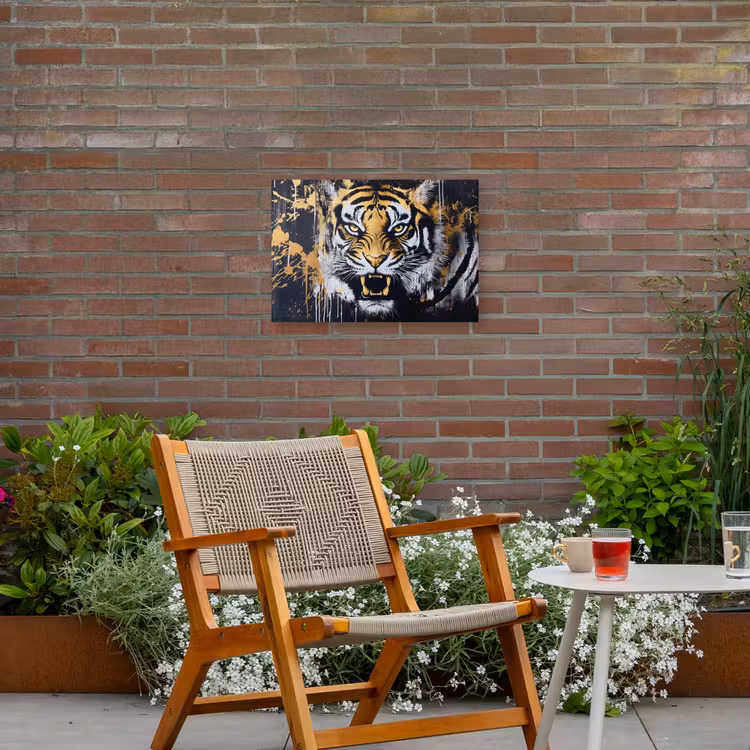 Tijger - Verfspatten - Goud Tuinposter op houten frame 2 cm dik klein -sfeer3