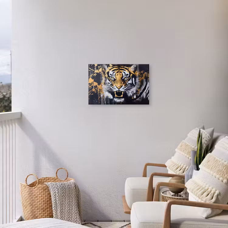 Tijger - Verfspatten - Goud Tuinposter op houten frame 2 cm dik klein -sfeer1