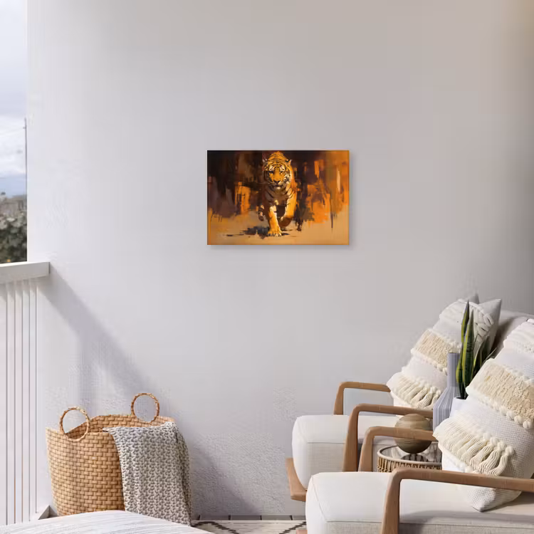 Tijger - Geschilderd - Oranje - Penseelstreken Tuinposter op houten frame 2 cm dik klein -sfeer1