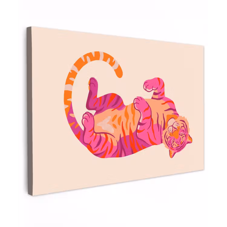 Tijger - Roze - Oranje Tuinposter op houten frame 2 cm dik klein -3d