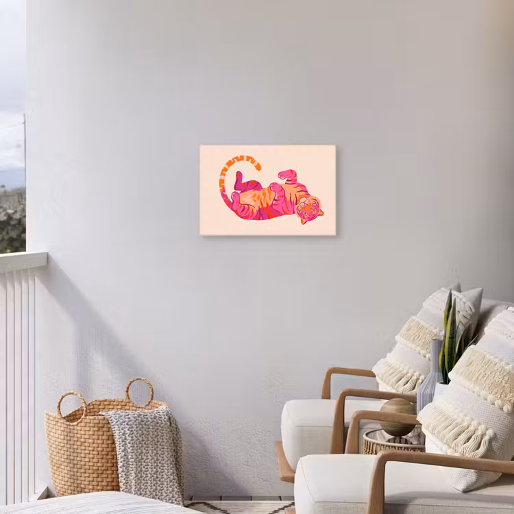 Tijger - Roze - Oranje Tuinposter op houten frame 2 cm dik klein -sfeer1