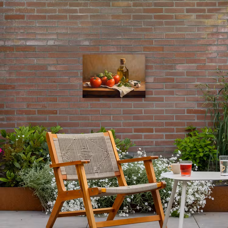 Tomaten - Olijfolie - Stilleven Tuinposter op houten frame 2 cm dik klein -sfeer3